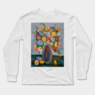 a beautiful bouquet of mixed flowers in a silver vase Long Sleeve T-Shirt